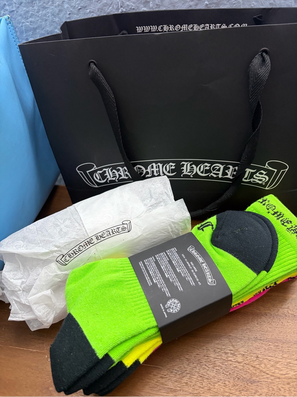 Chrome Hearts Neon Green and Black Crew Socks with Logo Accents